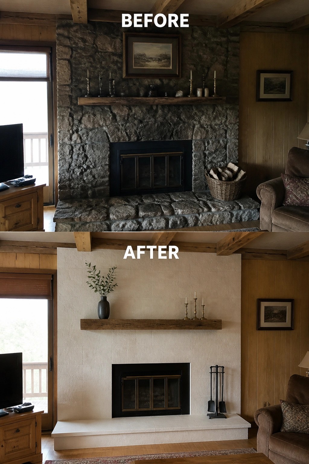 Before and after of rustic stone fireplace renovated with smooth white plaster and wood mantel.