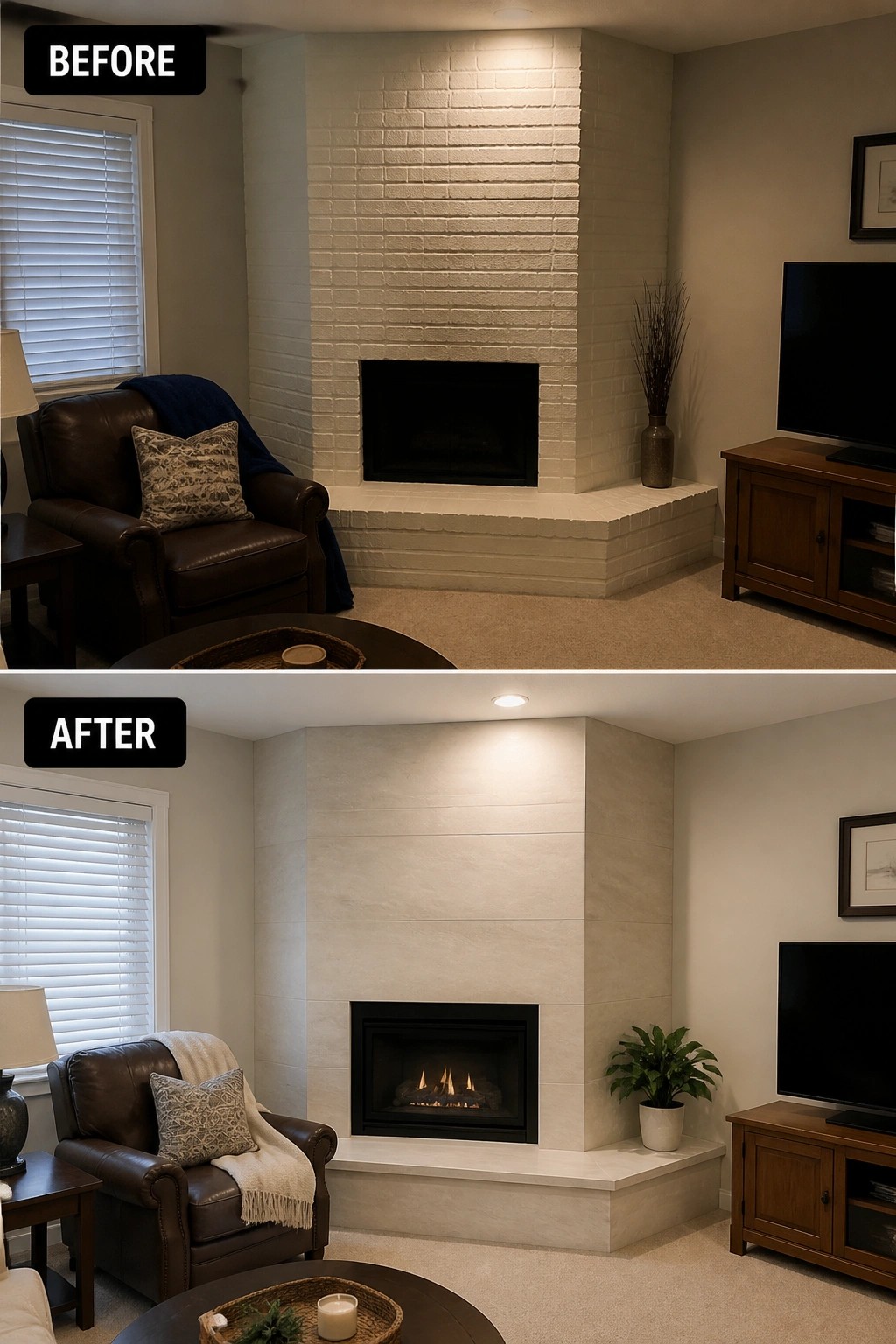 Before and after of corner fireplace updated from white brick to modern beige tile.
