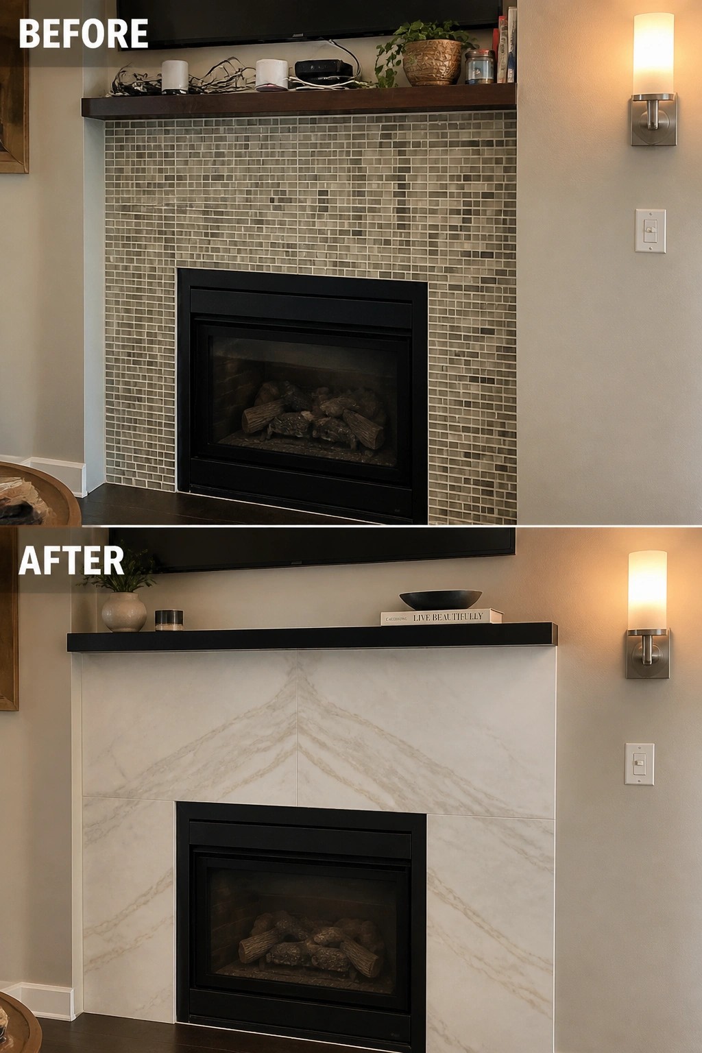 Before-and-after fireplace with mosaic tile surround replaced by white marble.
