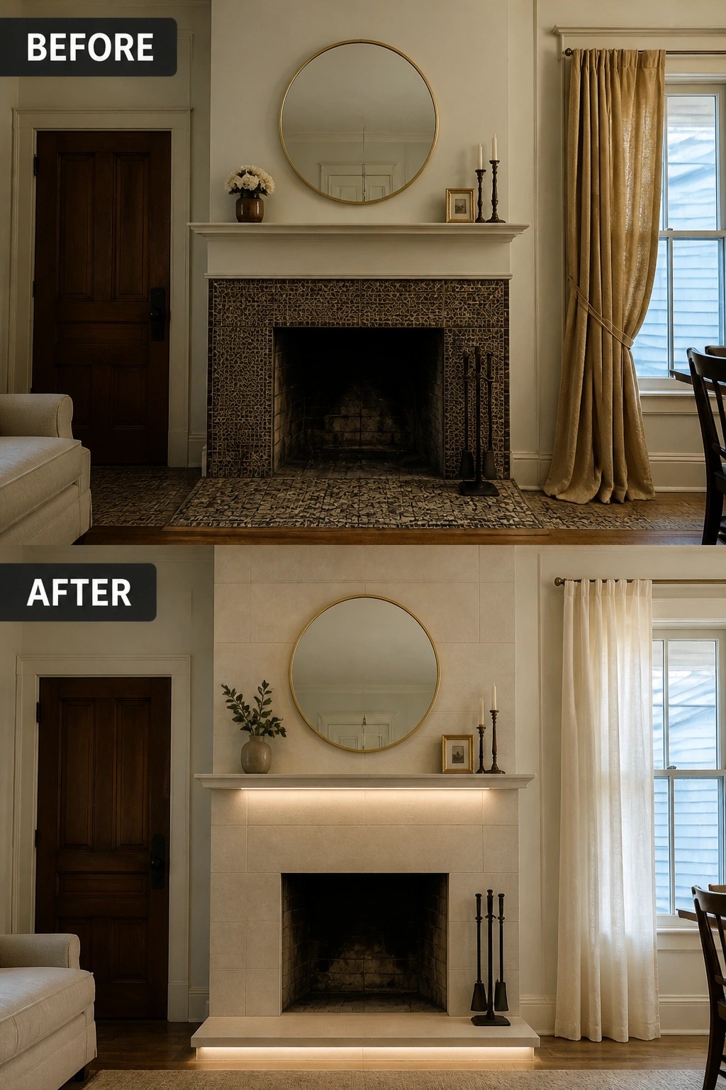 Before and after of fireplace from dark patterned tiles to light modern with LED lights