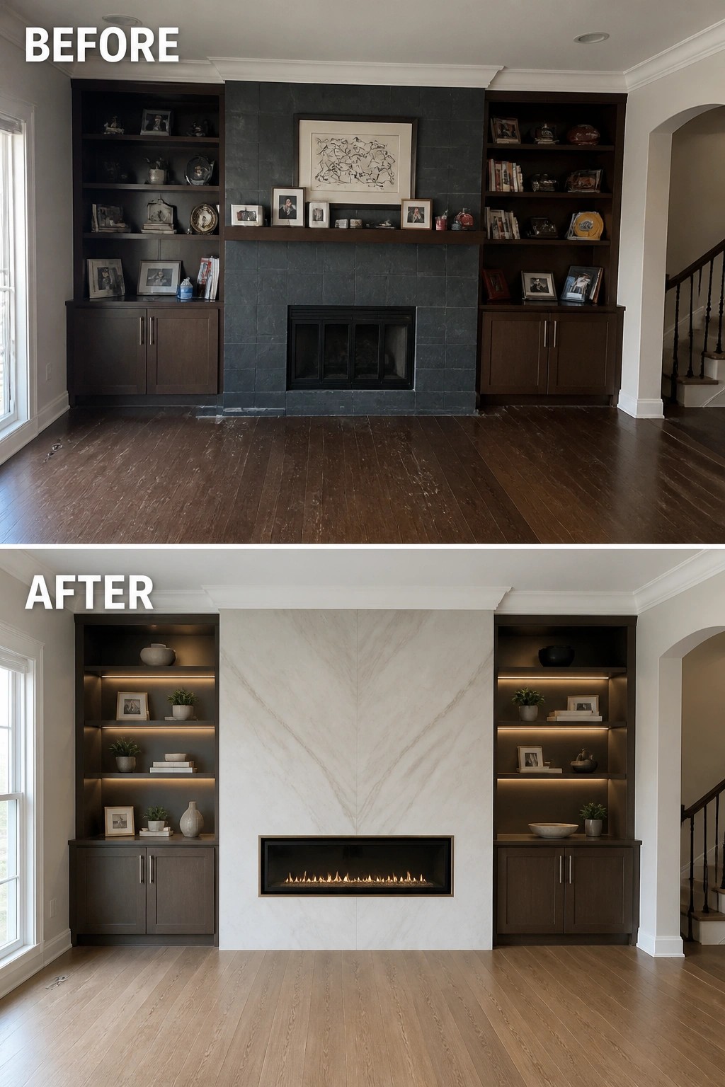Before-and-after image of a dark slate fireplace surround replaced with a light marble slab and a modern linear fireplace.