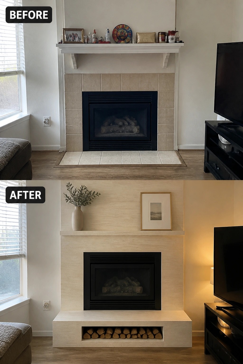 Before and after of cluttered white fireplace mantel transformed into modern minimalist beige surround with storage.