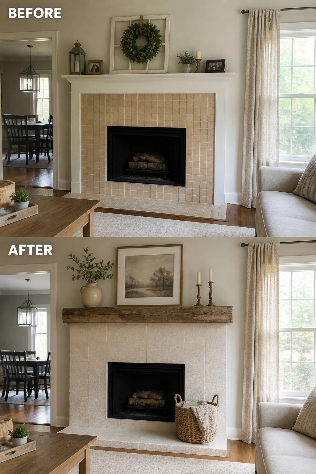 Before and after of living room fireplace with new wooden mantel and decor.