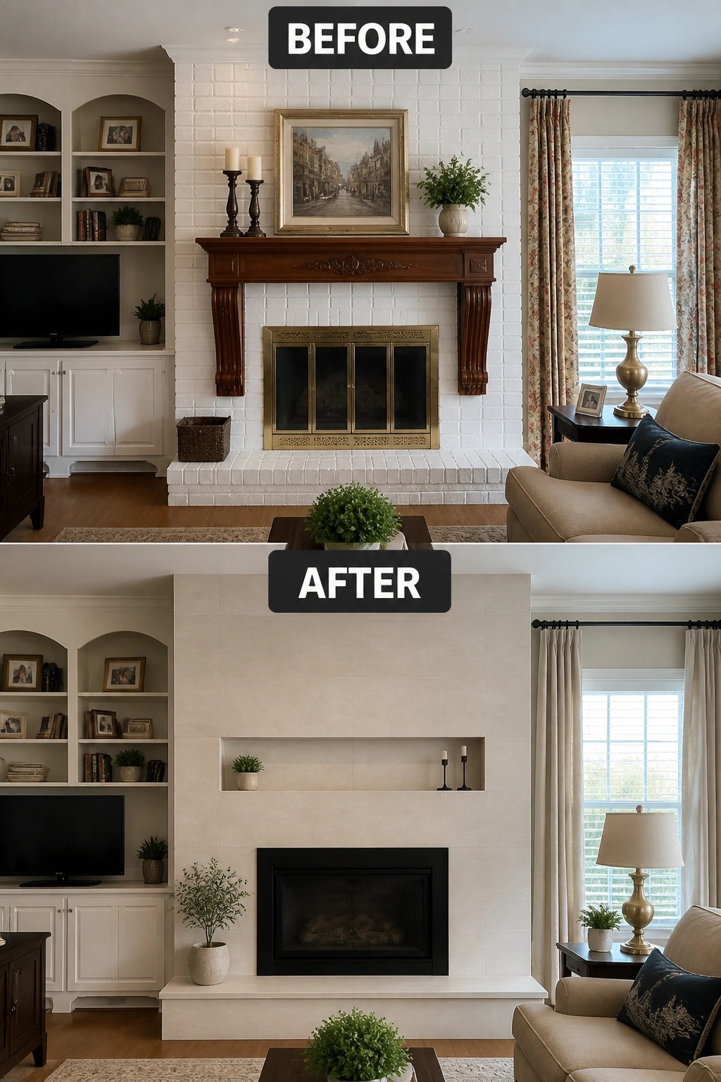 Before and after of living room fireplace remodel from traditional to modern.
