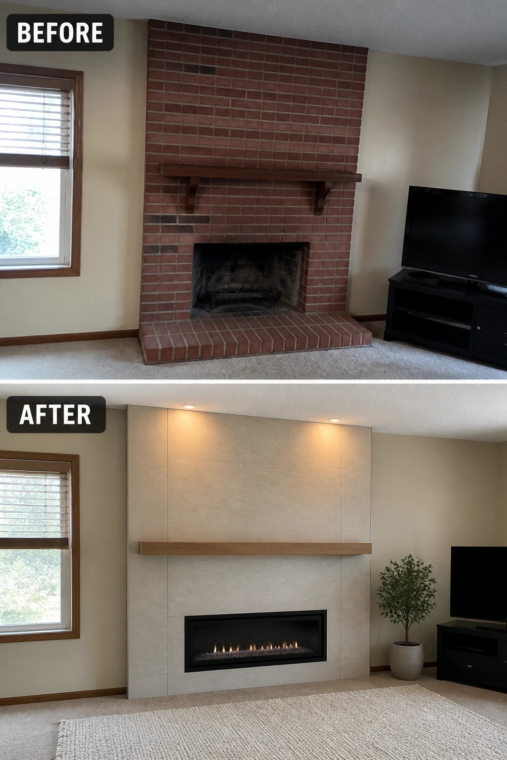 Before and after of brick fireplace replaced with modern tiled electric fireplace and floating mantel.