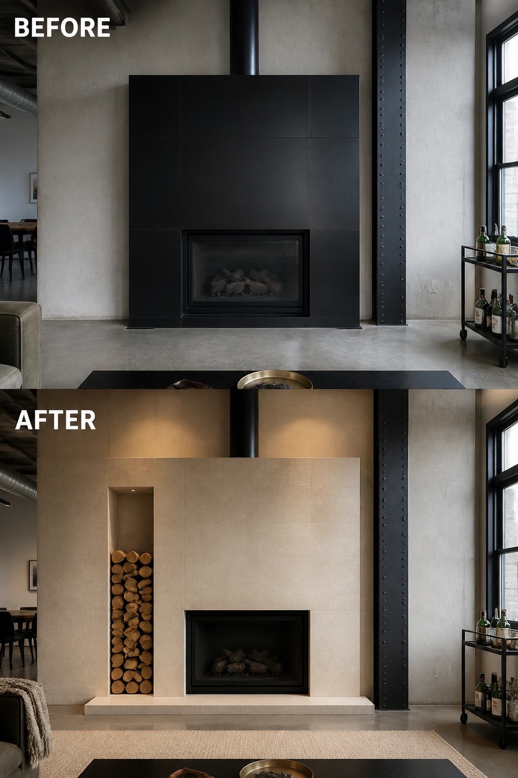 Before-and-after modern fireplace: black tile surround transformed to beige with log niche.