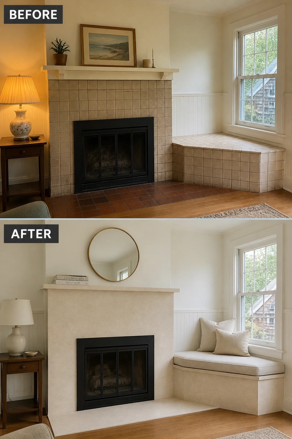 Before-and-after image of a fireplace with brown tile surround changed to smooth light stone slabs, with a round mirror added above and cushions placed on the window seat.