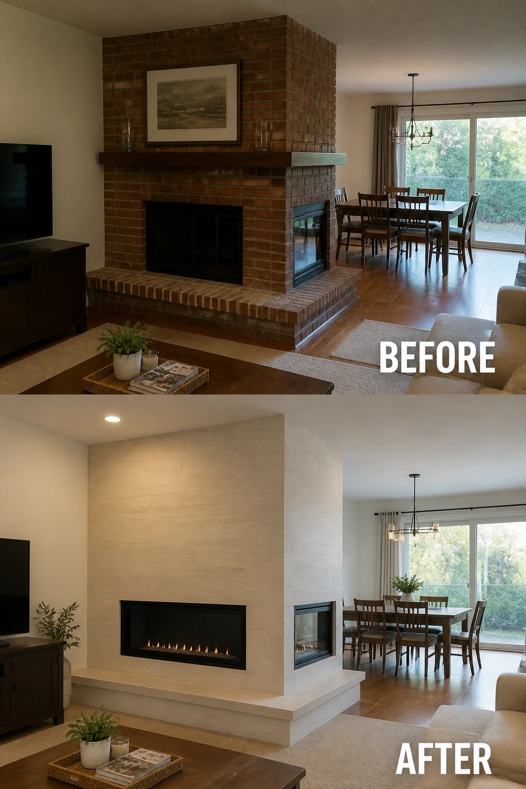 Before and after living room fireplace renovation from brick to modern tile.