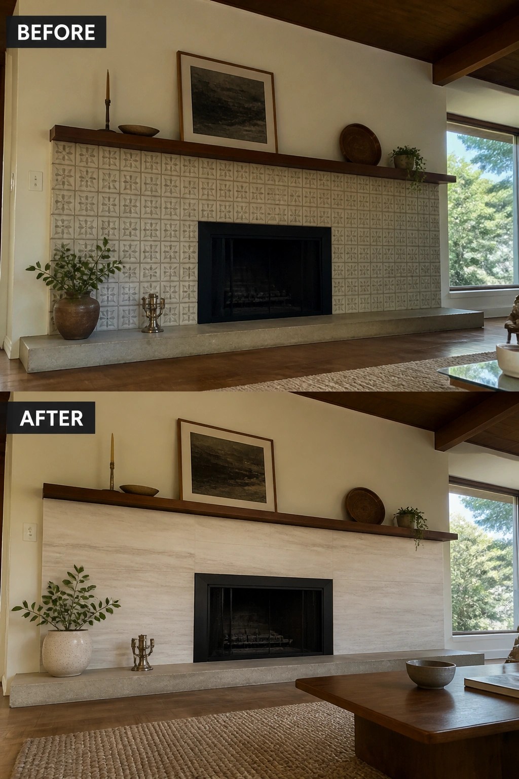 Before and after fireplace remodel from patterned tiles to light marble surround