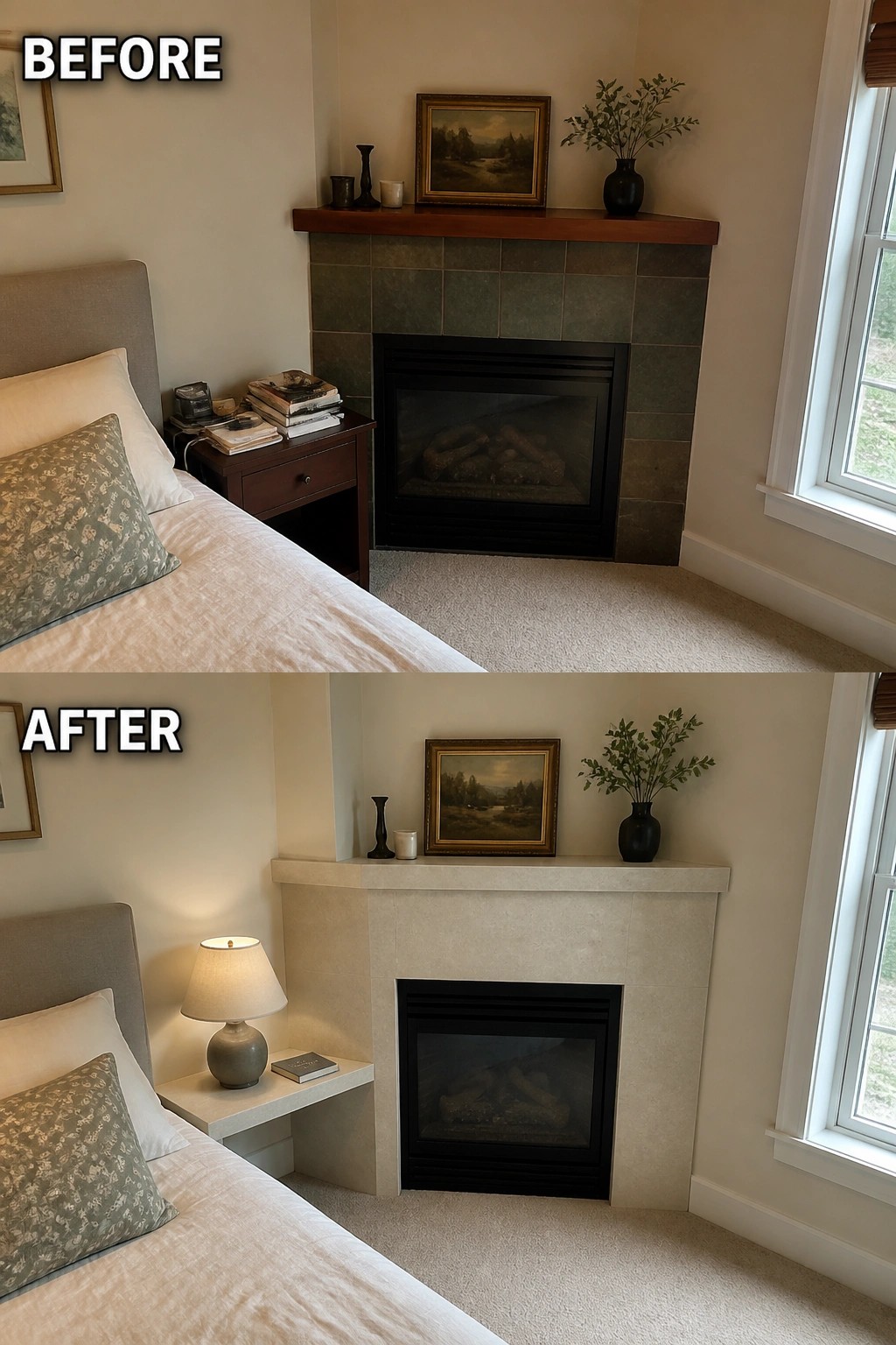 Before-and-after image of a bedroom fireplace updated with light stone slabs and a new mantel.