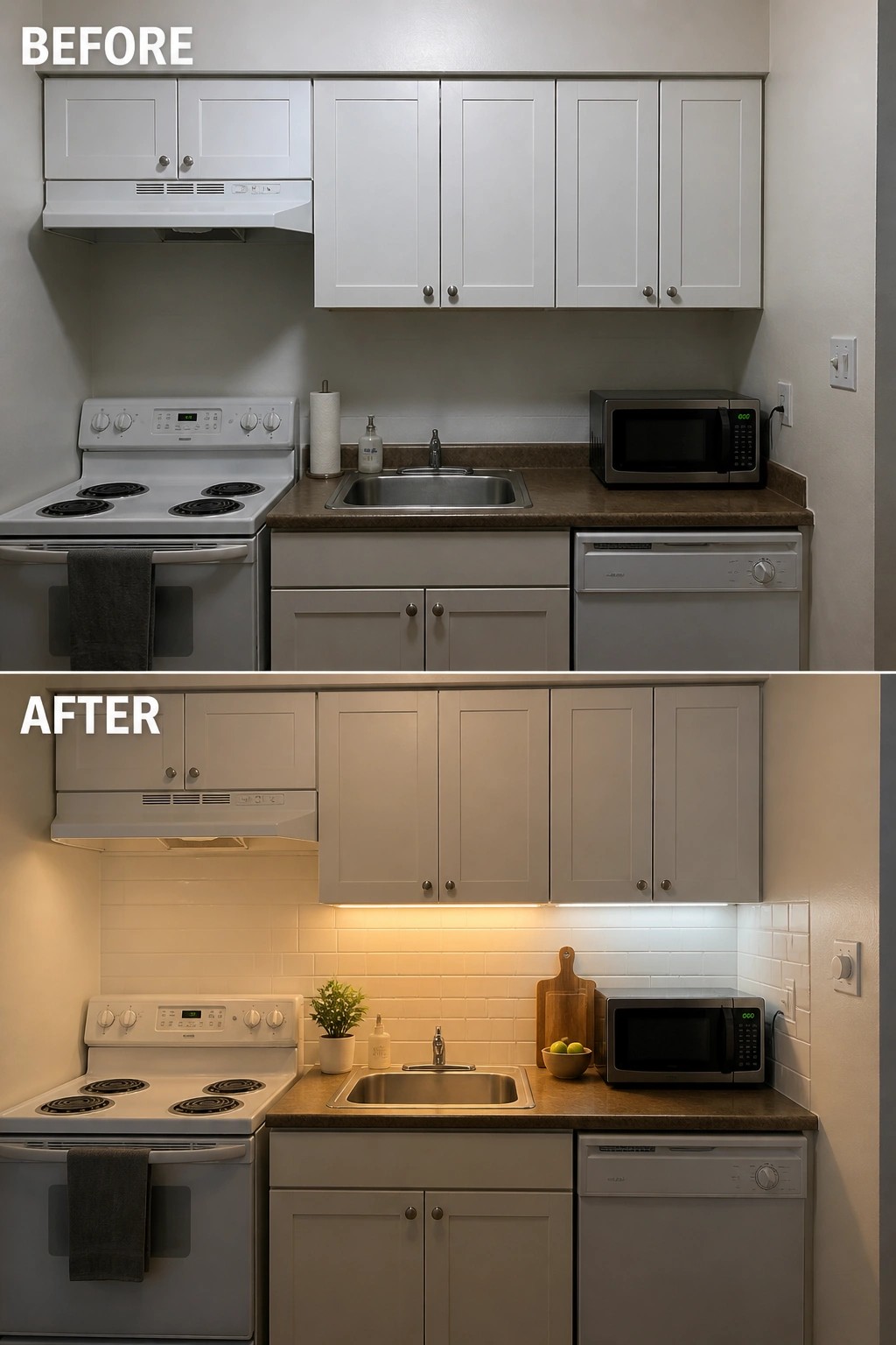 Before and after kitchen with new under-cabinet lighting, tiles, and decor