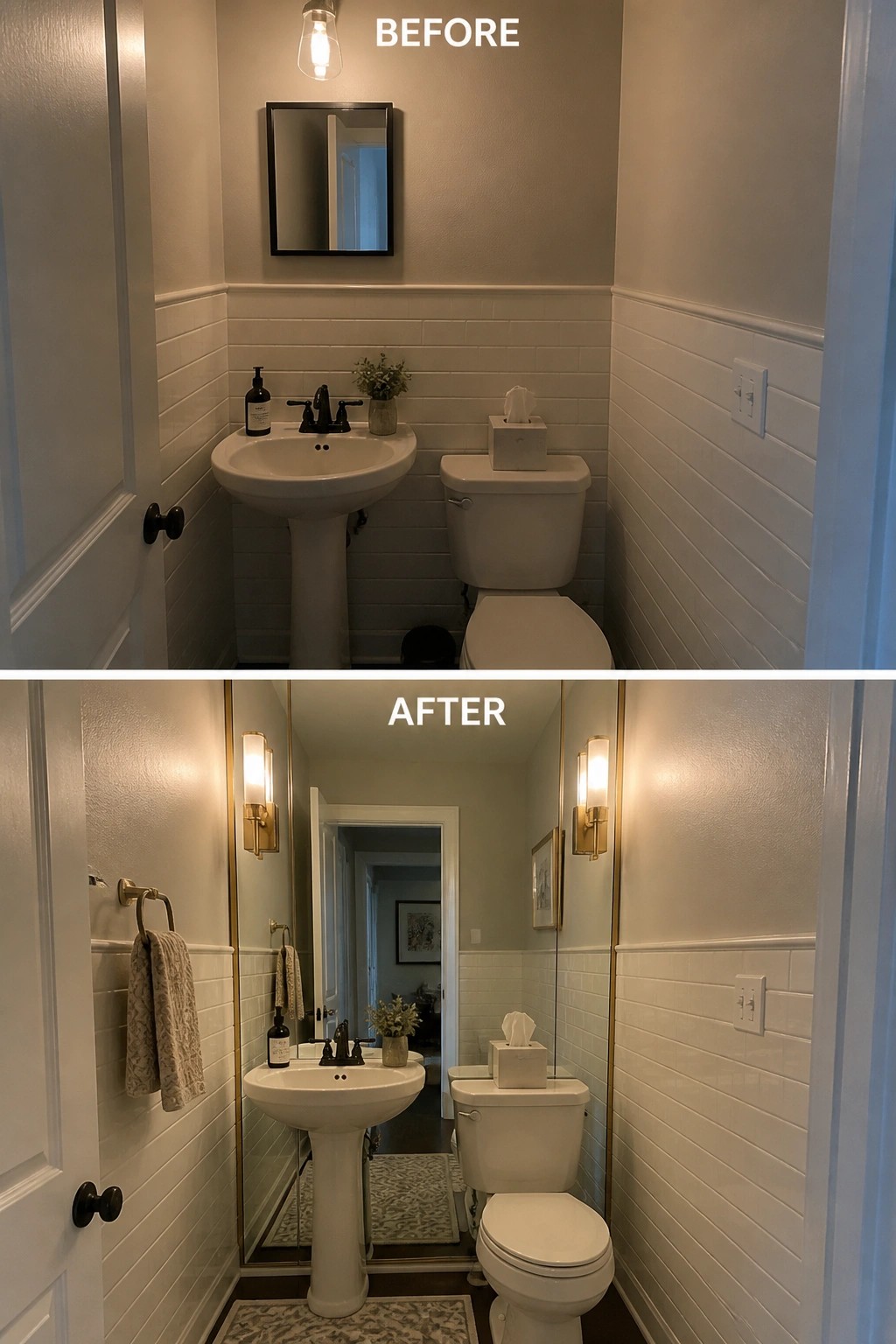 Before and after of narrow bathroom with white pedestal sink, toilet, and new mirrors.