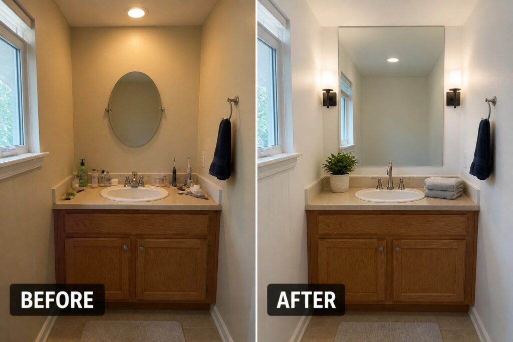 Before and after bathroom vanity with new mirror, sconces, and organized countertop