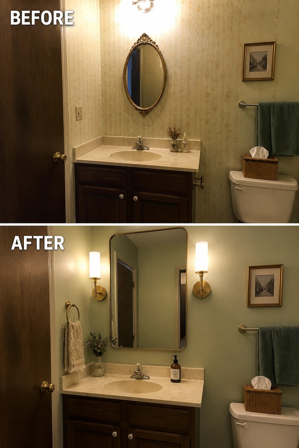 Before and after bathroom remodel with new mirror, lights, and wall color