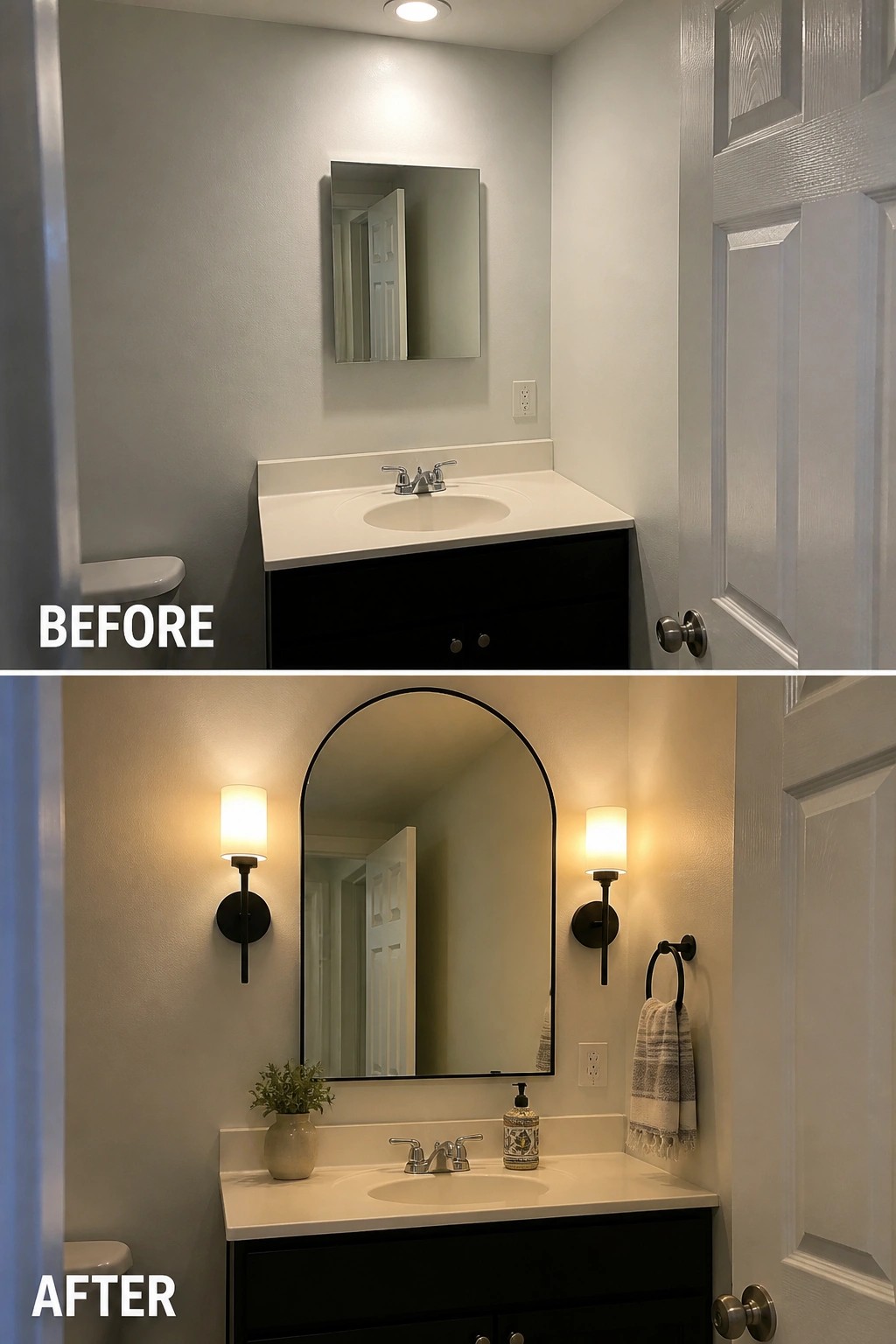 Before and after bathroom with black vanity, arched mirror, and sconces.