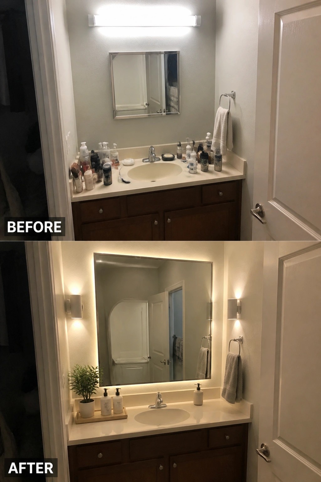 Before cluttered bathroom sink and after minimalist vanity with backlit mirror