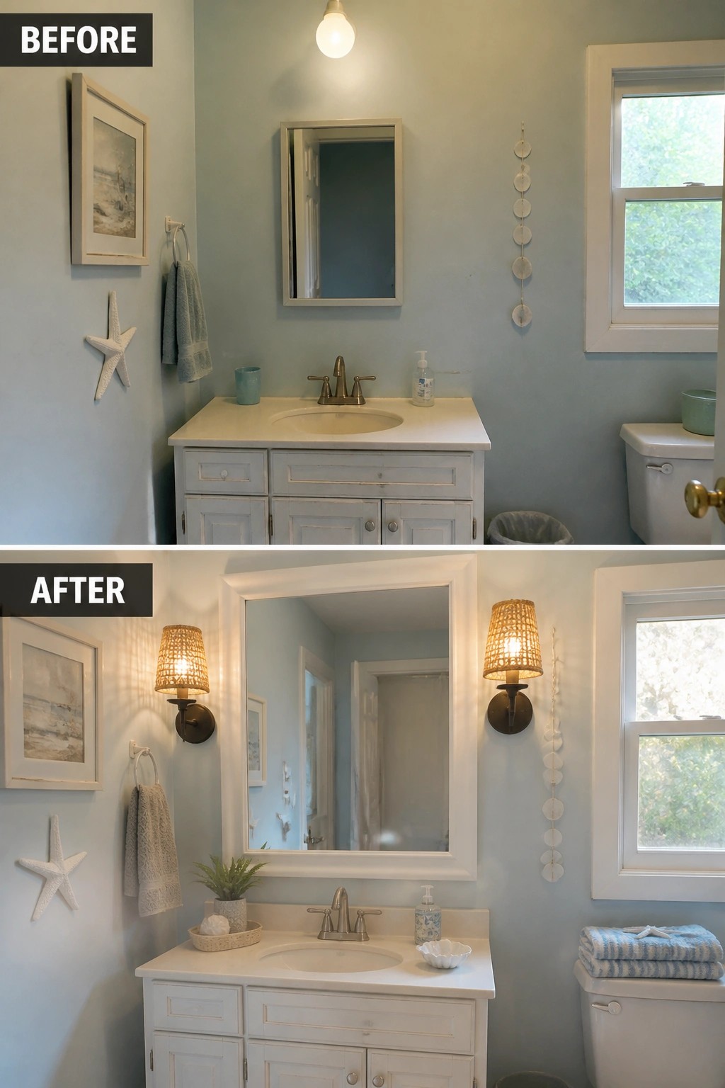 Before and after of a light blue bathroom vanity with new sconces and mirror.