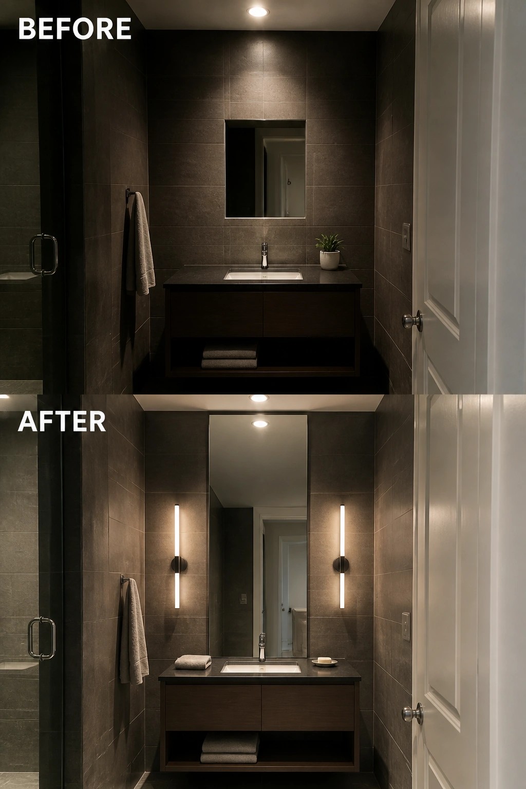 Before-and-after image of a bathroom with a small mirror above the sink replaced by a large vertical mirror flanked by two wall-mounted light fixtures.