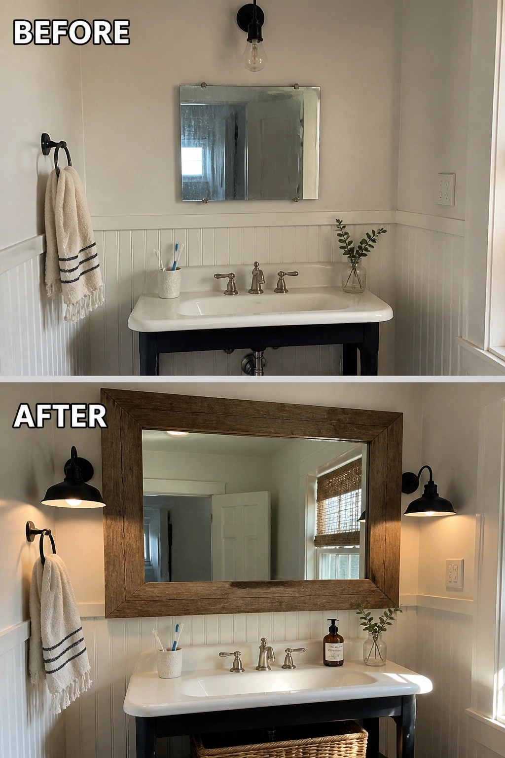 Before-and-after image of a bathroom vanity updated with a larger framed mirror and wall-mounted sconces on both sides.