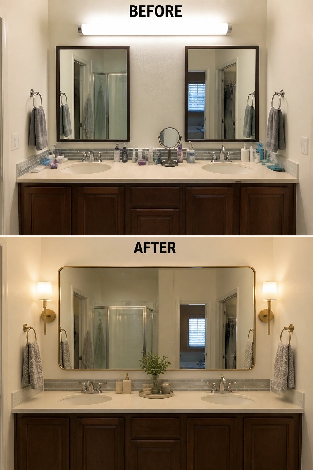 Before and after double vanity with new gold-framed mirror and wall sconces