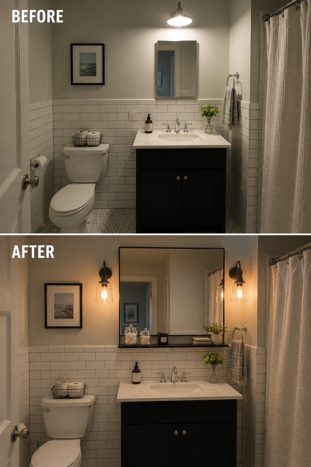 Before and after views of renovated bathroom with black vanity, sconces, and white tiles