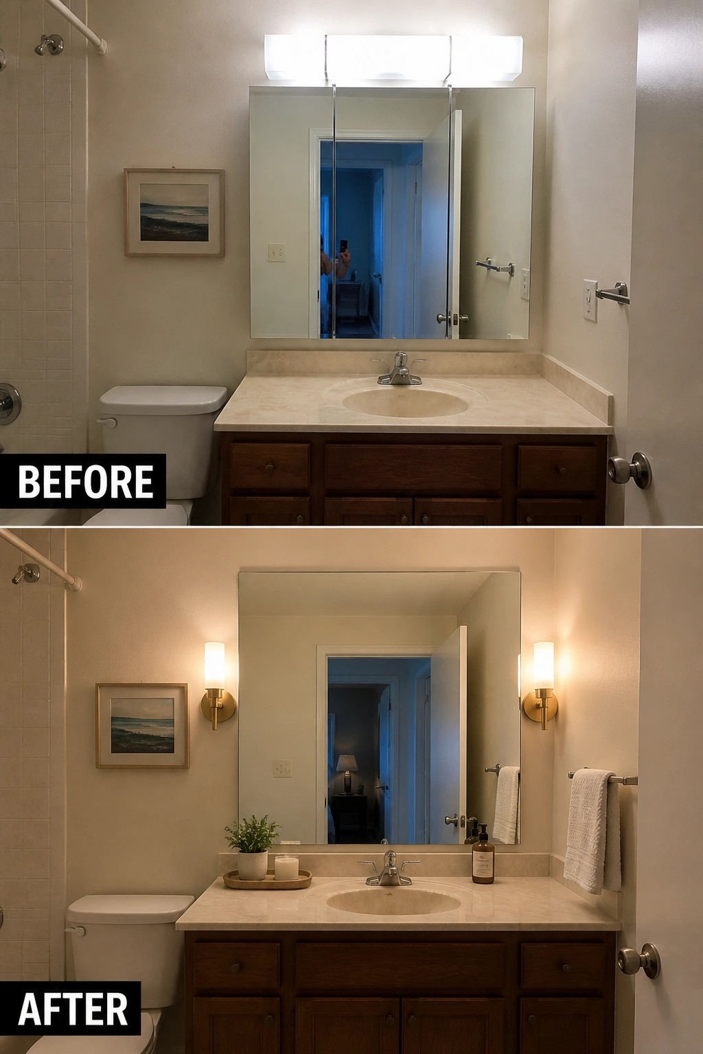 Before-and-after bathroom vanity with updated sconces, mirror, and decor.