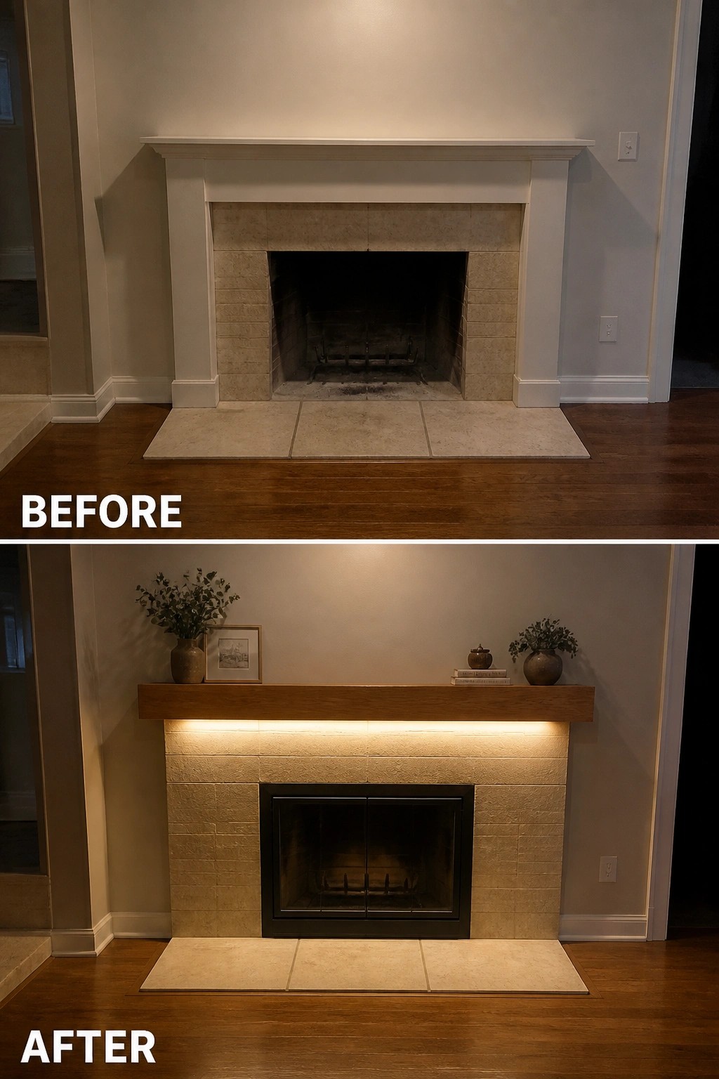 Before and after fireplace with white mantel replaced by lit wooden beam and decor