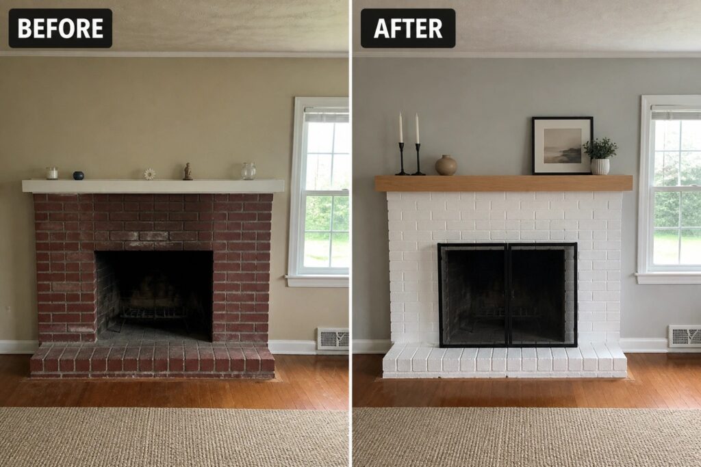 20 Simple Fireplace Makeover Ideas Centered on White Oak Mantels Before and after of red brick fireplace painted white with new wooden mantel.