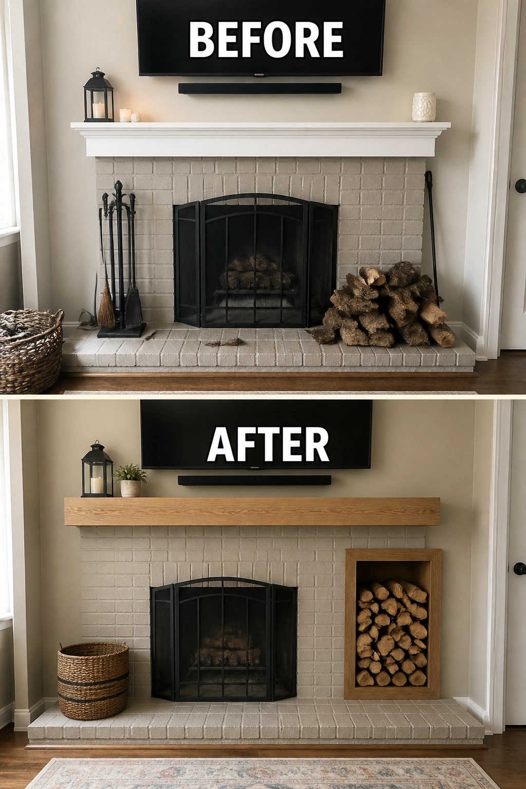 Before and after of white brick fireplace with TV, white mantel, and wooden built-in log storage.