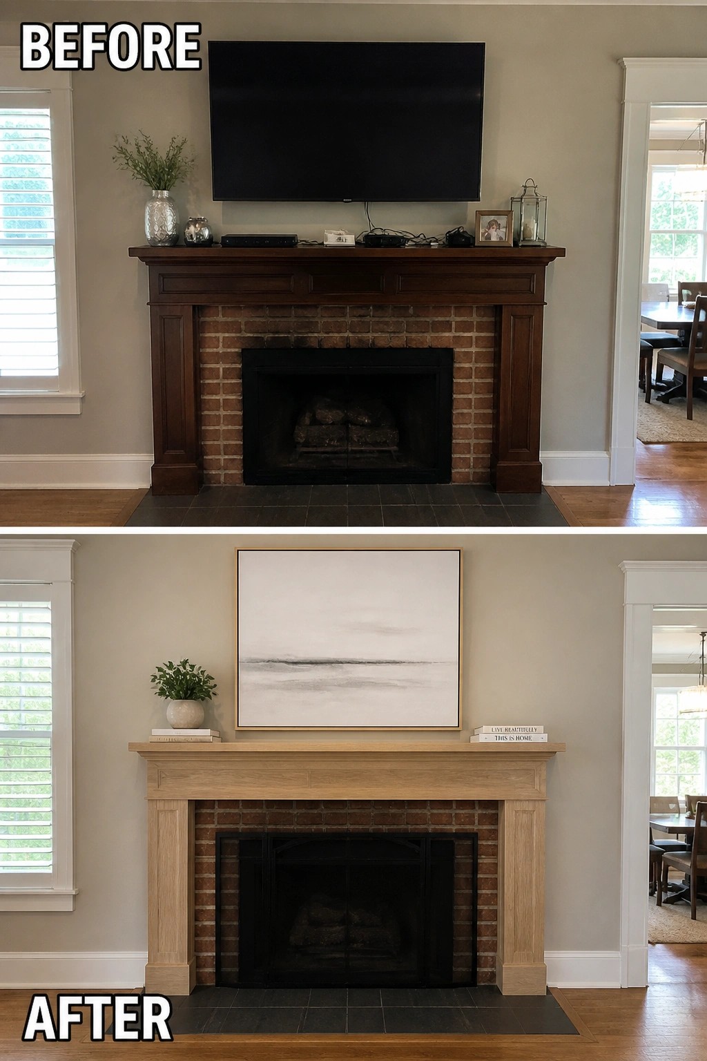 Before-and-after views of brick fireplace with dark wood mantel and TV replaced by light oak and art.