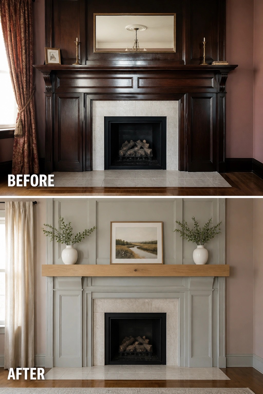 Before and after fireplace renovation from dark wood mantel to light gray with wood beam