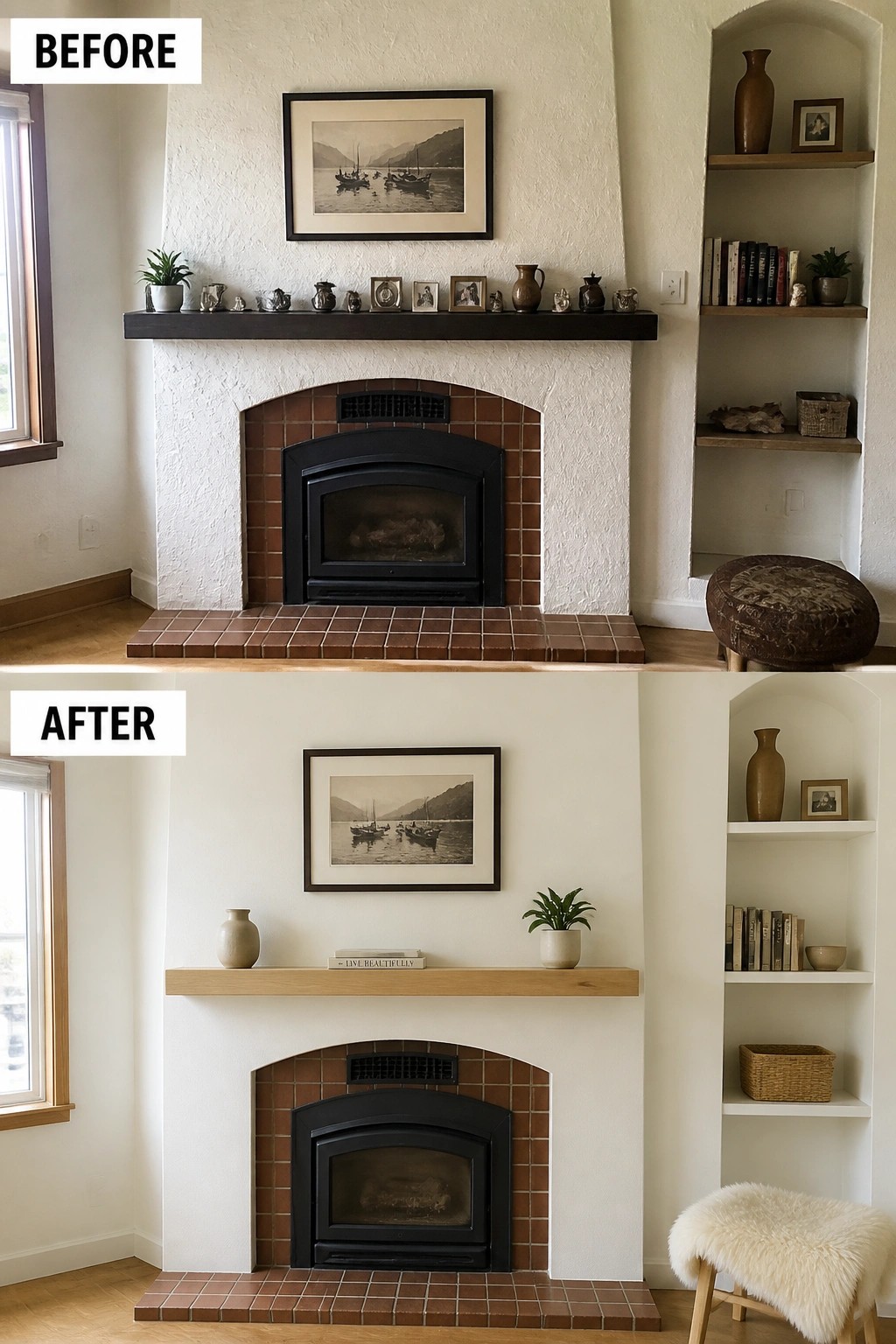 Before and after of cluttered dark fireplace mantel transformed into minimalist light wood shelf