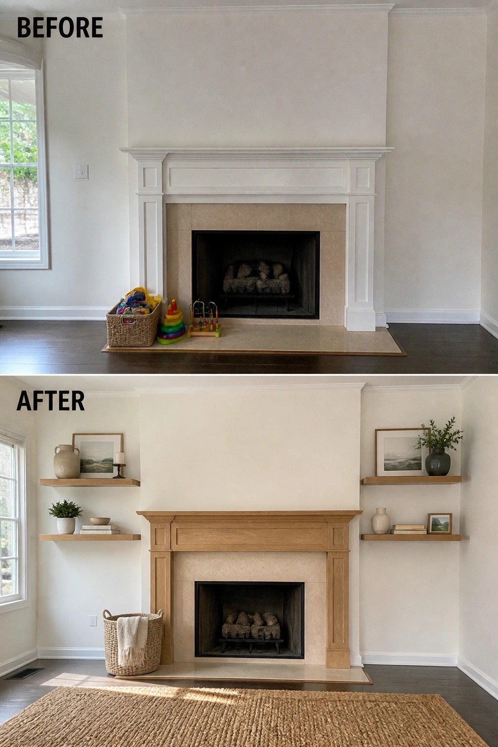 Before and after of fireplace with white mantel updated to wood with shelves and decor