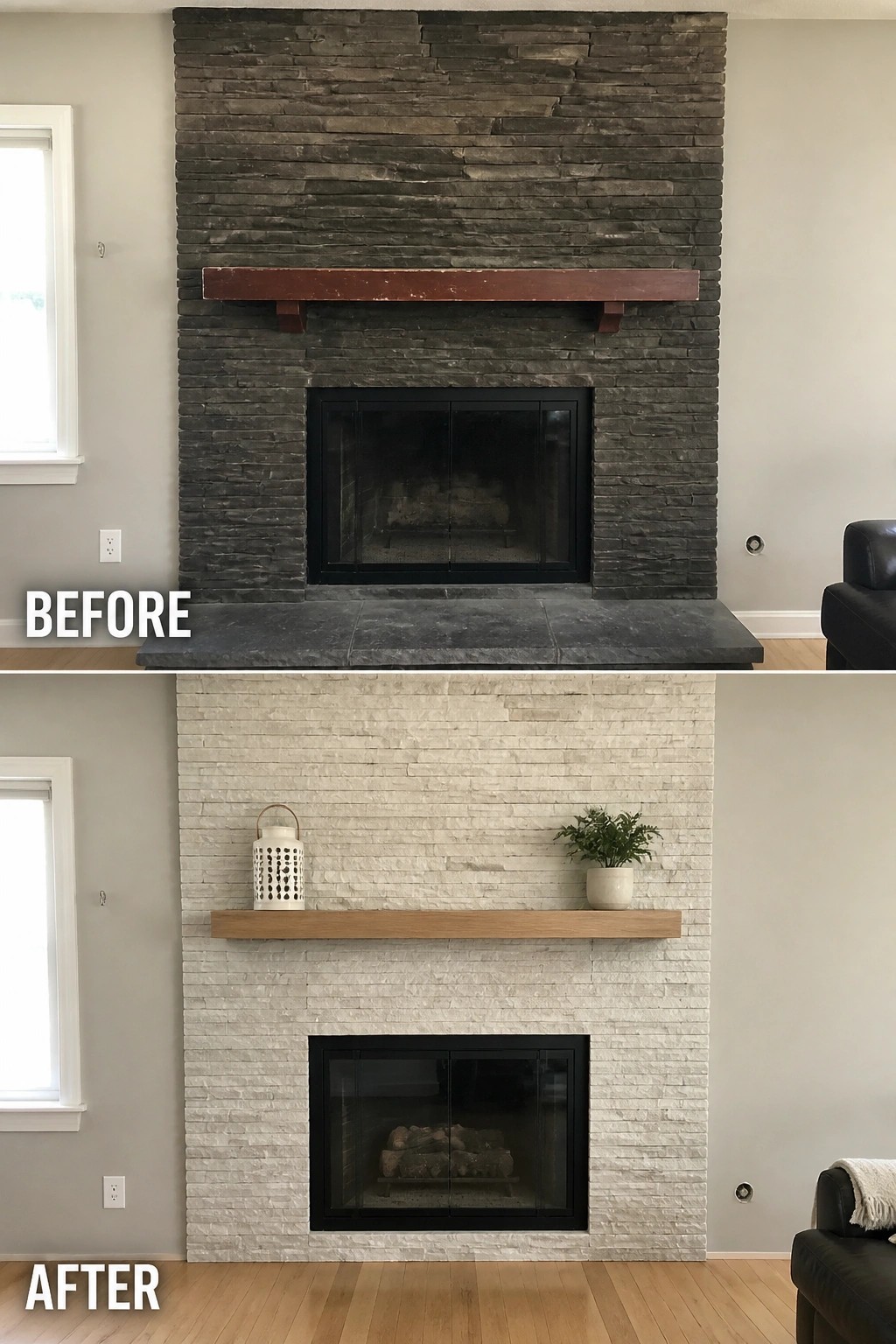 Before and after of dark gray vs light stacked stone fireplace with wood mantel.
