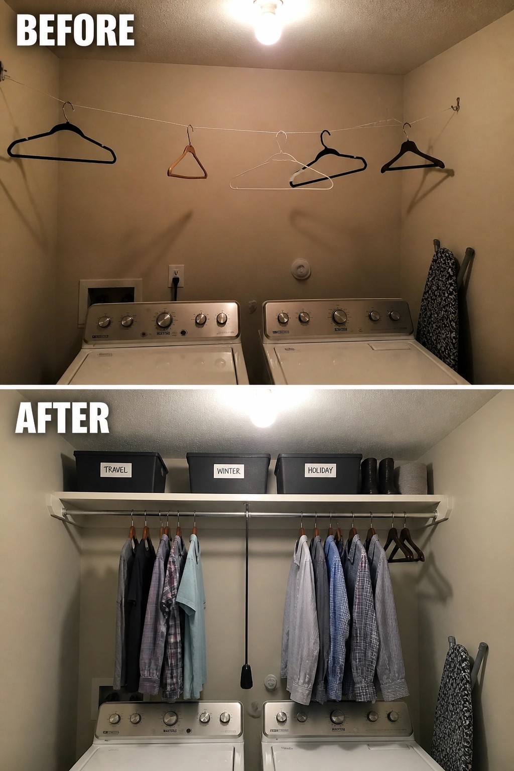 Before-and-after image of a laundry room with added overhead shelf holding labeled bins and a hanging rod above the washer and dryer.