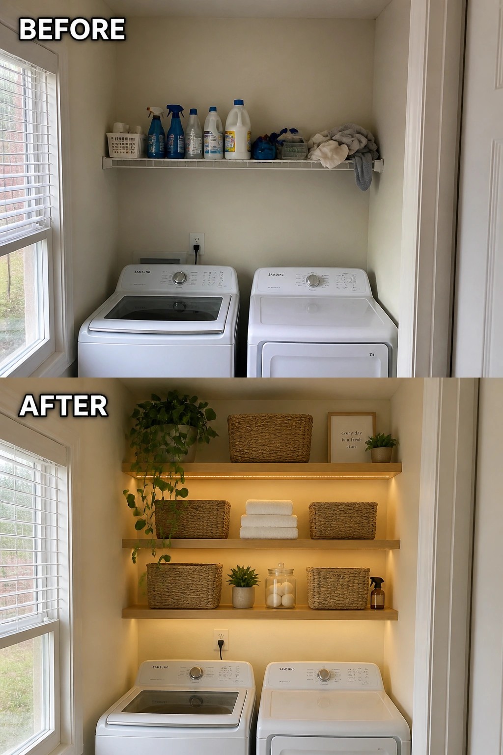 Before-and-after image of a small laundry room showing a single cluttered shelf replaced by three floating shelves with lighting, baskets, and organized storage above the washer and dryer.