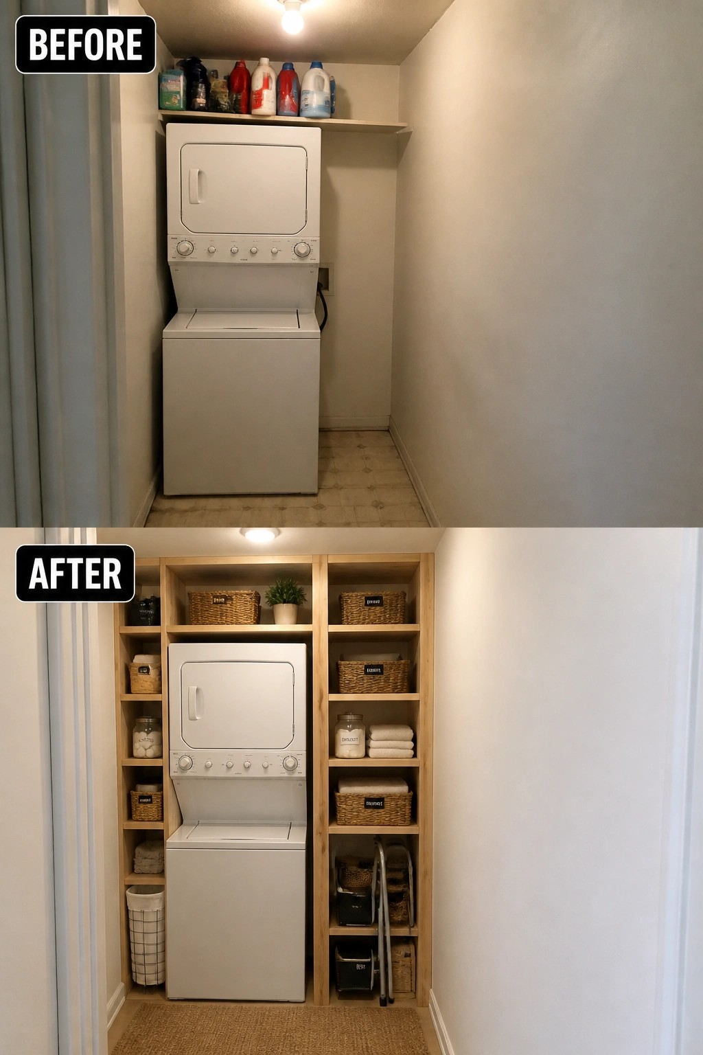 Before and after of laundry closet with stacked washer dryer and custom wooden shelving units