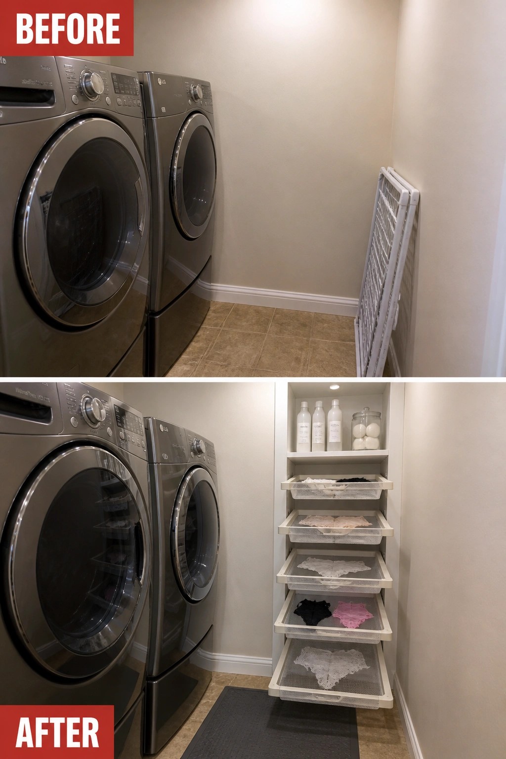 Before and after laundry room with washer, dryer, drying rack and organized lingerie shelves.