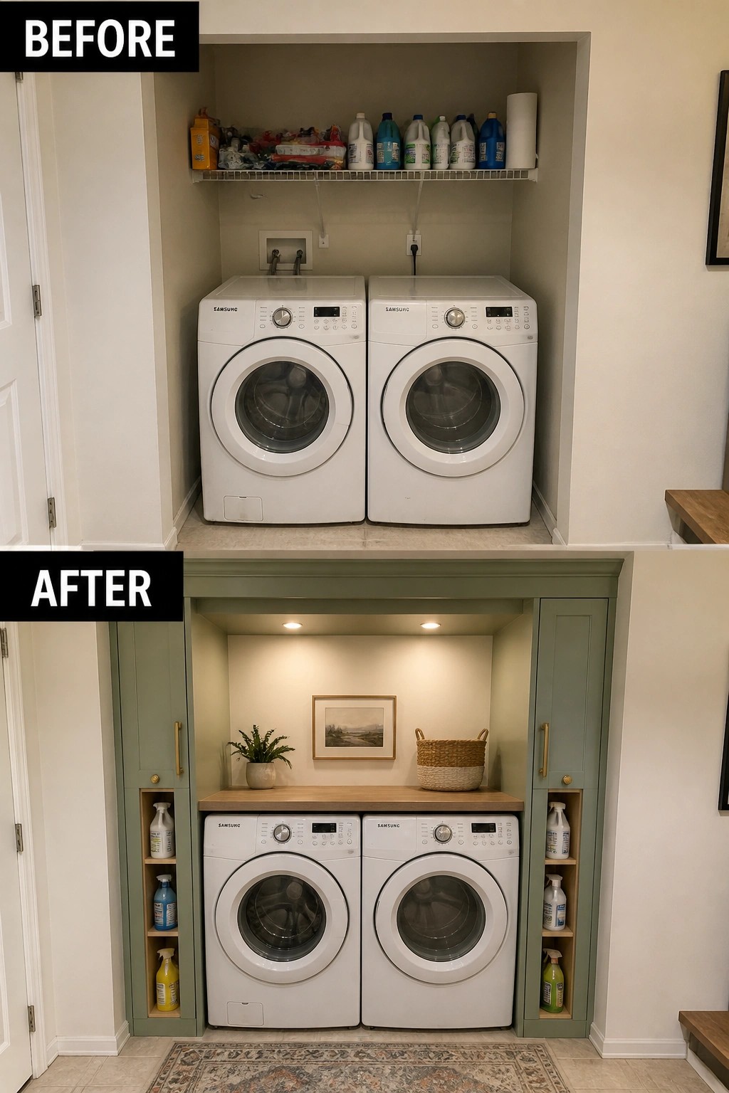 Before-and-after image of a laundry alcove transformed with tall side cabinets, a wood countertop, and vertical storage shelves.