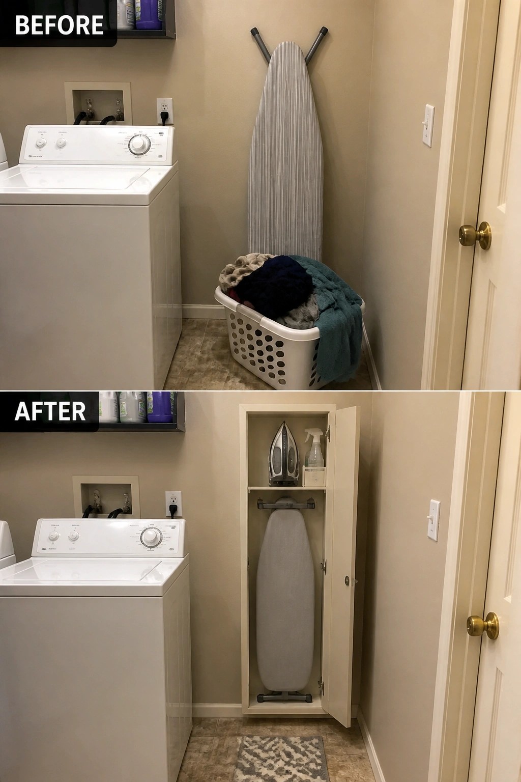 Before and after of laundry area with built-in ironing board cabinet.