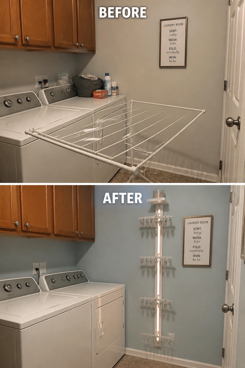 Laundry room before with drying rack and after with illuminated hanging rack on blue wall