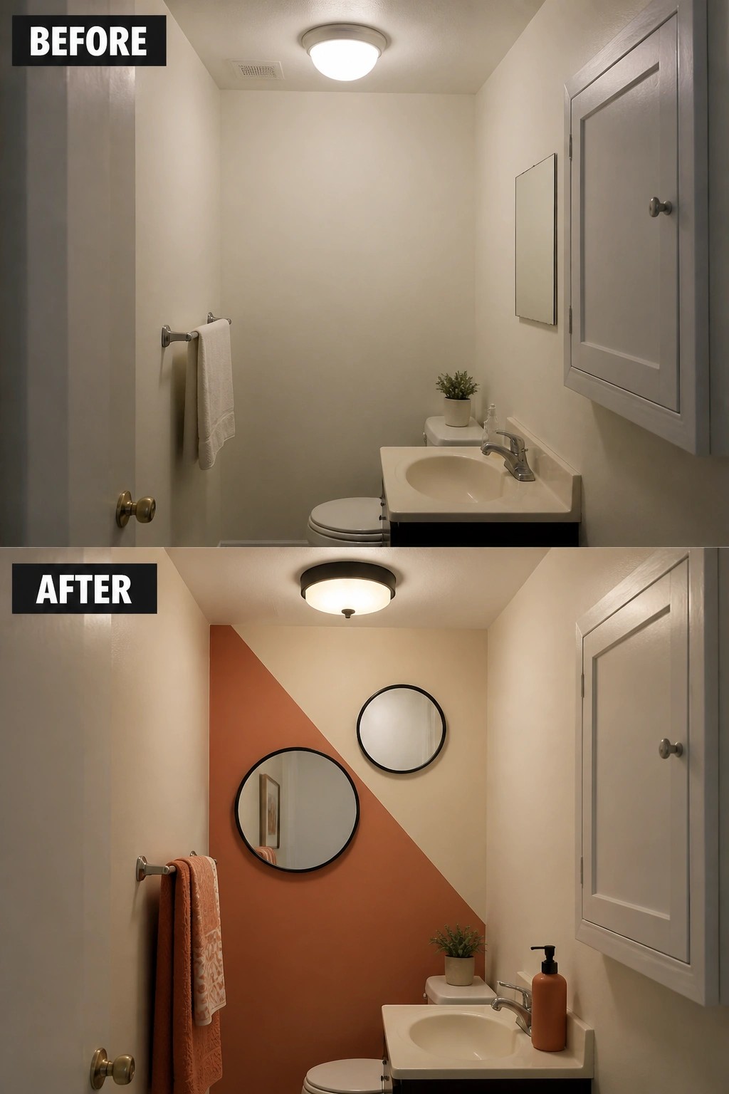 Before and after of small bathroom with terracotta geometric wall, round mirrors, and updated fixtures.