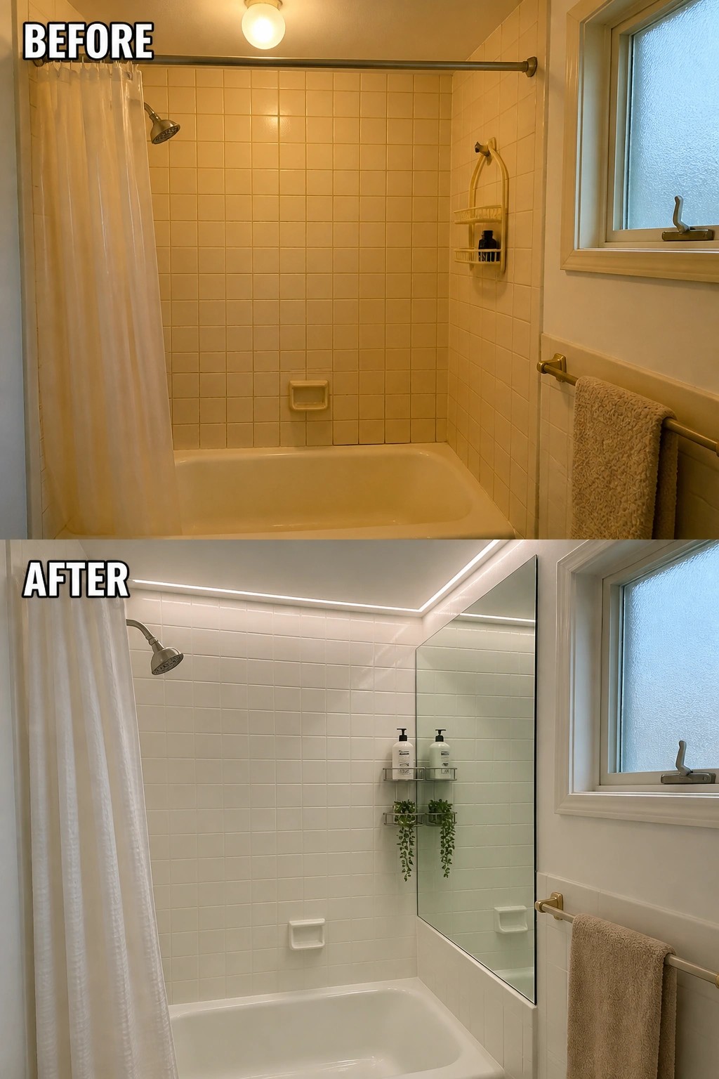 Before-and-after image of a dated yellow-tiled bathroom updated with white tiles, a large mirror, and new LED lighting.