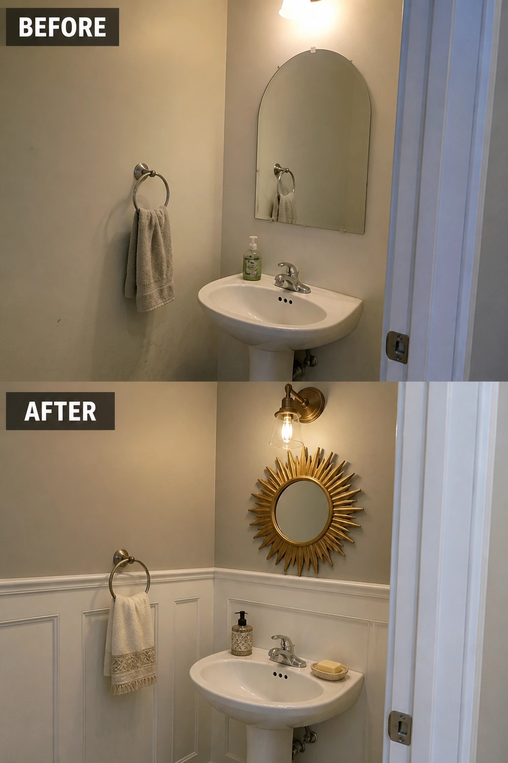 Before-and-after image of a basic bathroom updated with white wainscoting, a decorative sunburst mirror, and a new wall sconce.