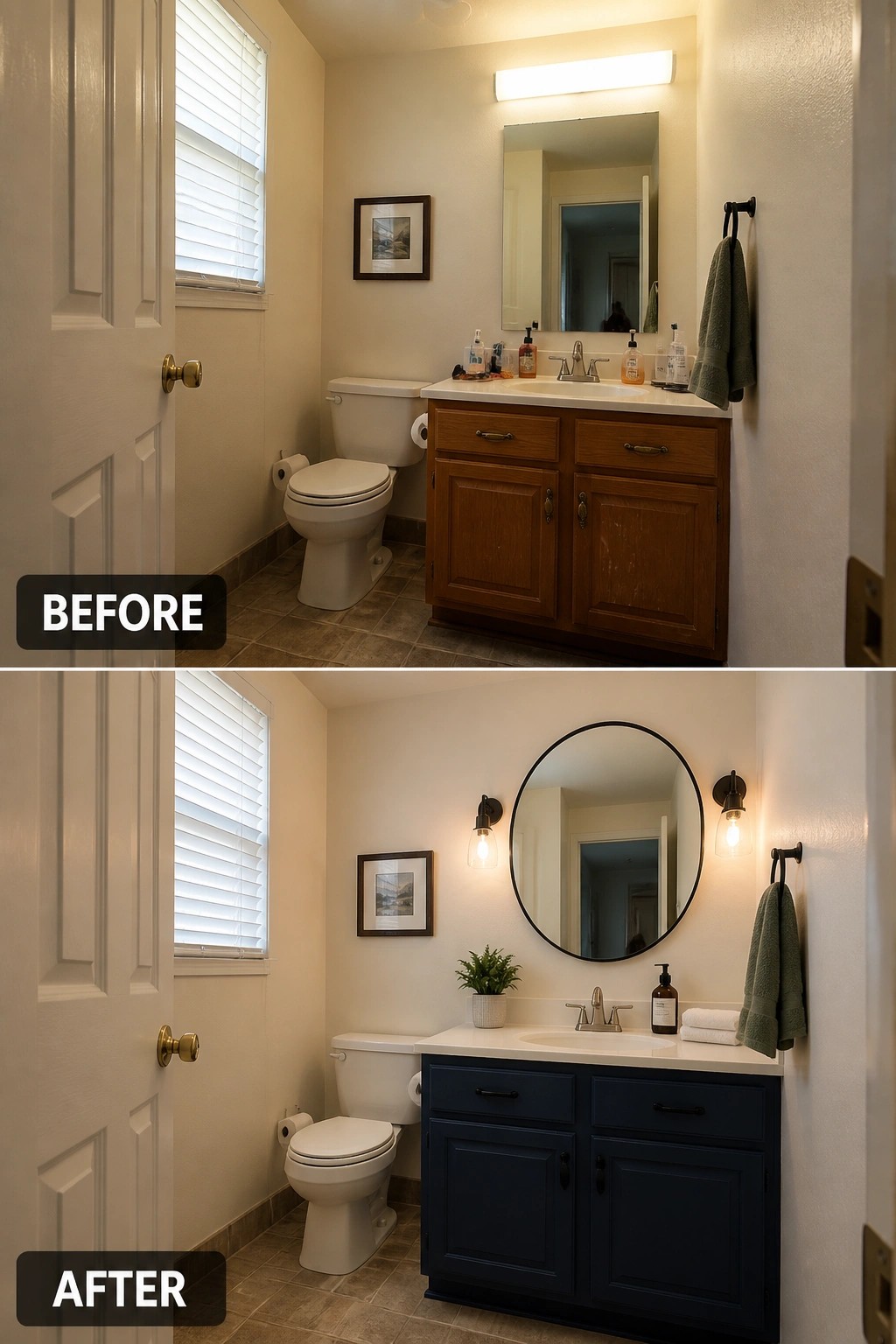 Before and after bathroom with wooden vanity replaced by dark blue round-mirror setup.