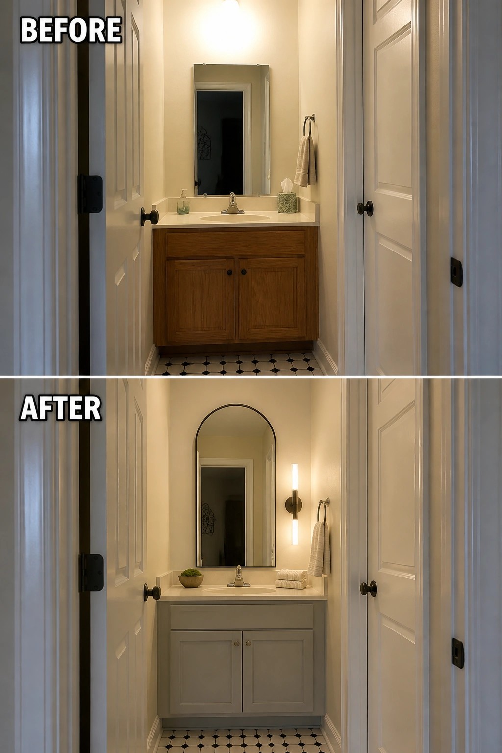 Before-and-after bathroom renovation showing wooden vanity replaced by gray arched-mirror design.