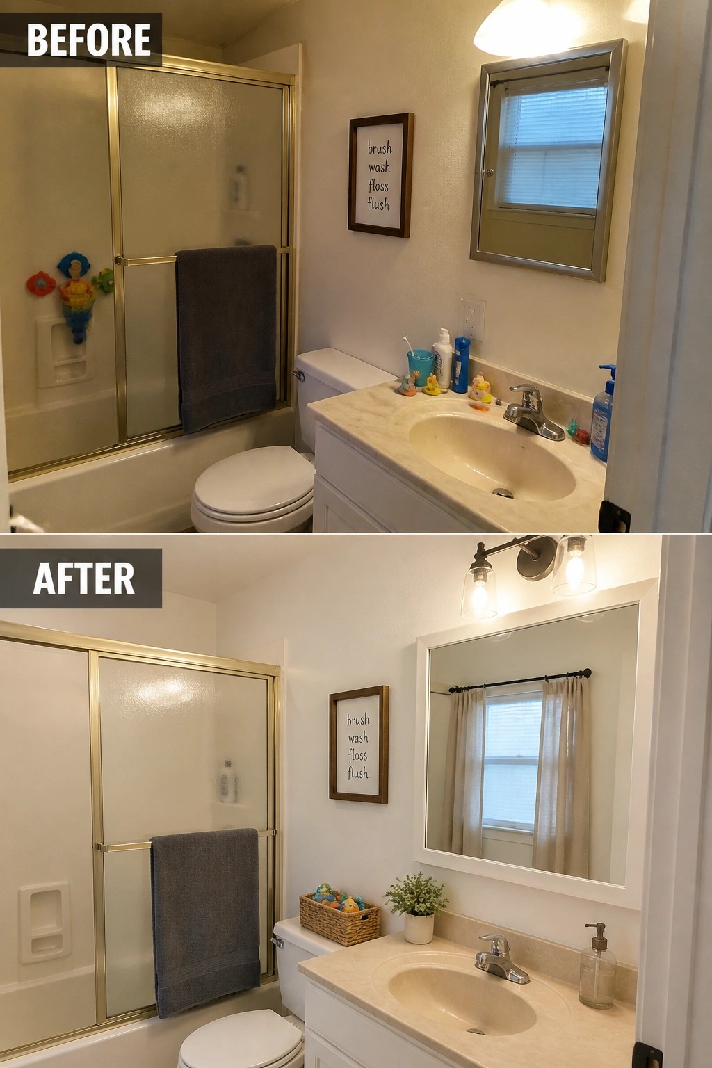 Before and after bathroom remodel with updated mirror, lighting, and decluttered counters.