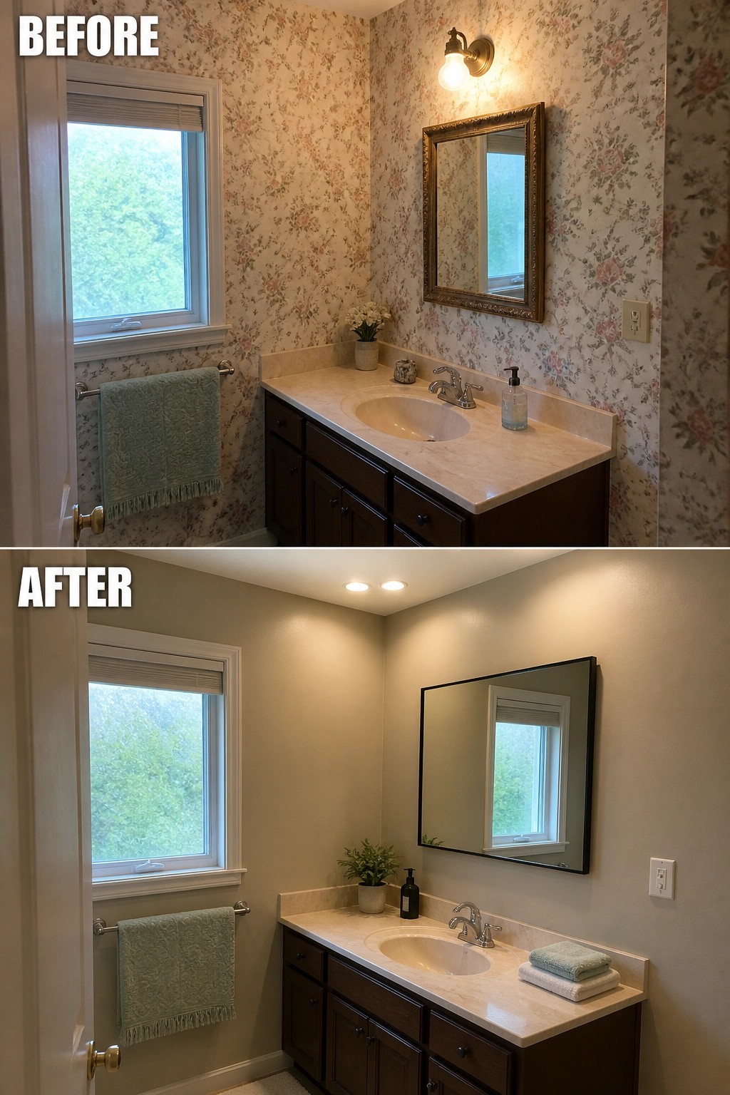 Before-and-after image of a bathroom with floral wallpaper updated to neutral painted walls, new recessed lighting, and a modern mirror.