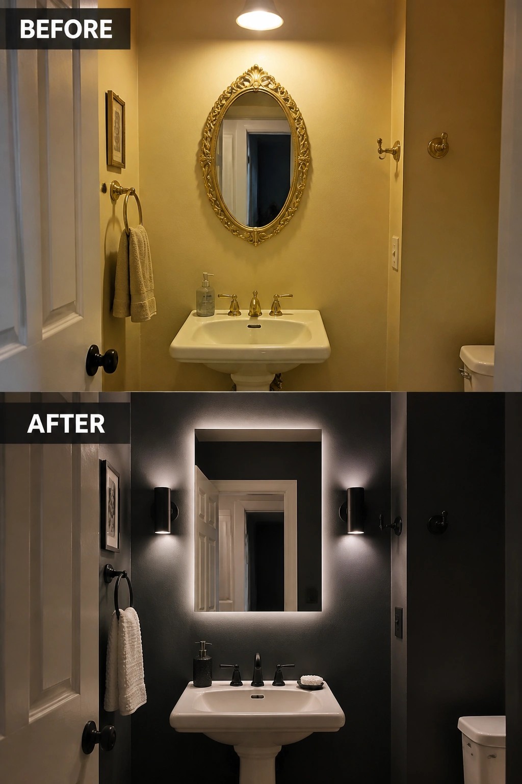 Before and after small bathroom with yellow walls to dark modern backlit mirror