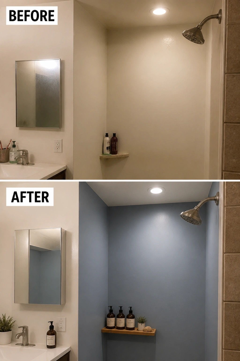 Before-after bathroom shower: beige walls and small shelf to blue walls with wooden shelf